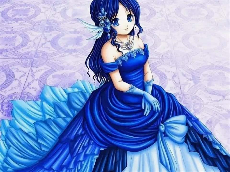 Аниме девушка в синем платье 16