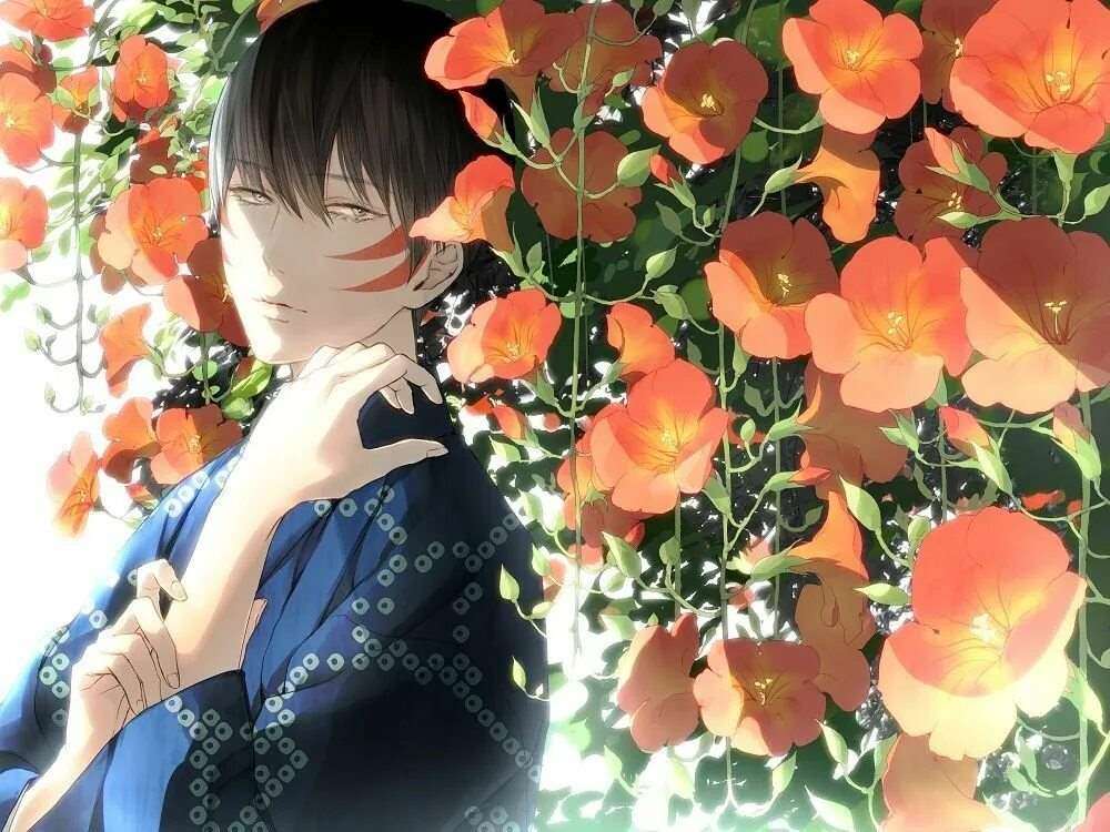 Аниме мальчик с цветами 12